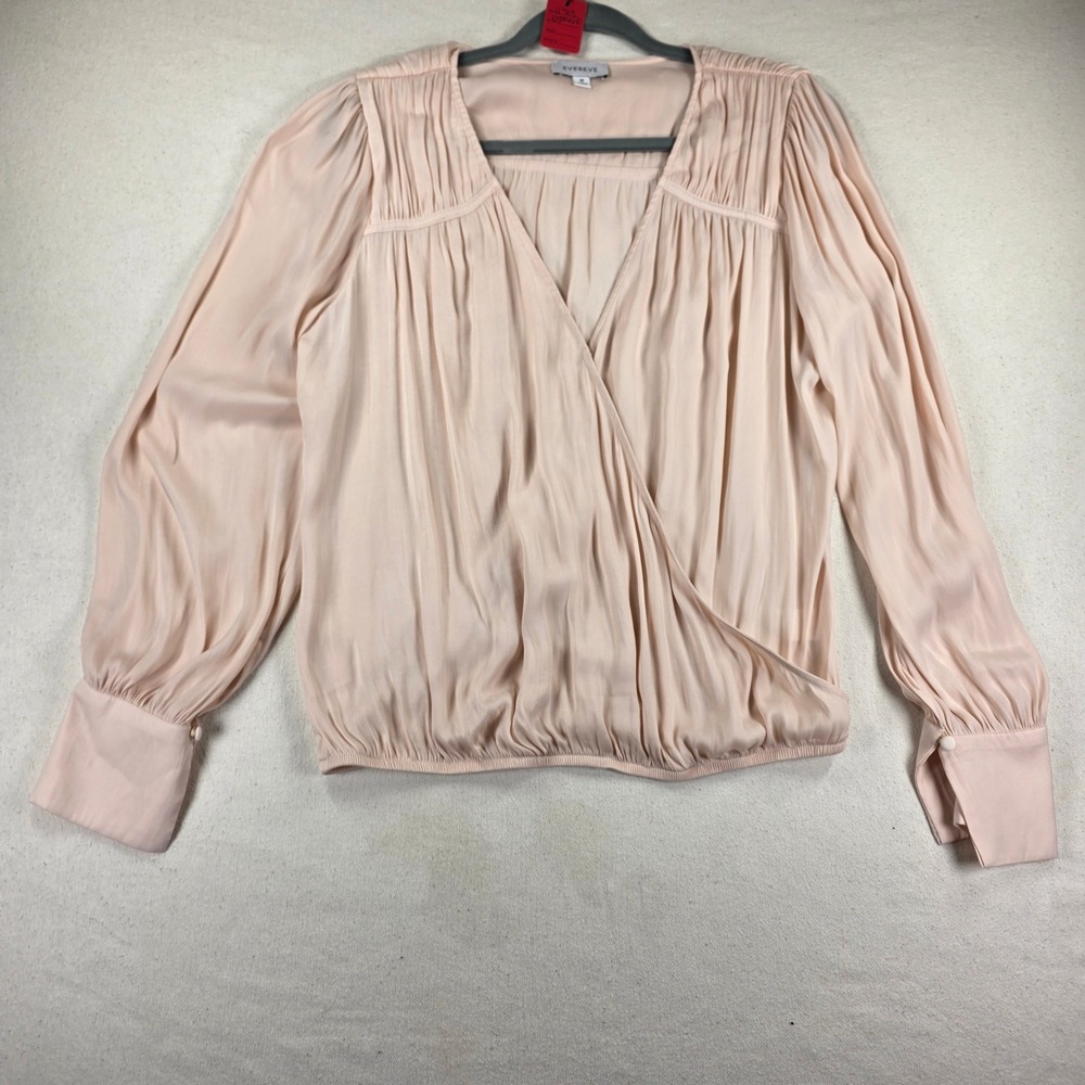 Evereve Womens Blush Pink Surplice Wrap Blouse Long Sleeve Elastic Hem Medium